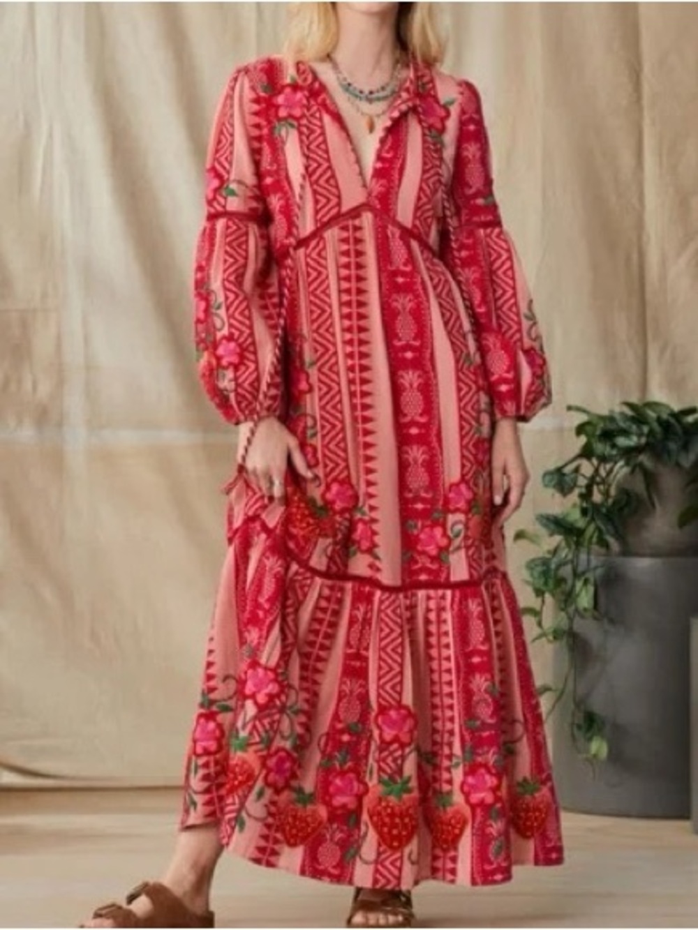 Farm Rio Pineapple Jacquard Midi Dress NEW Medium Strawberry Floral Embroidered